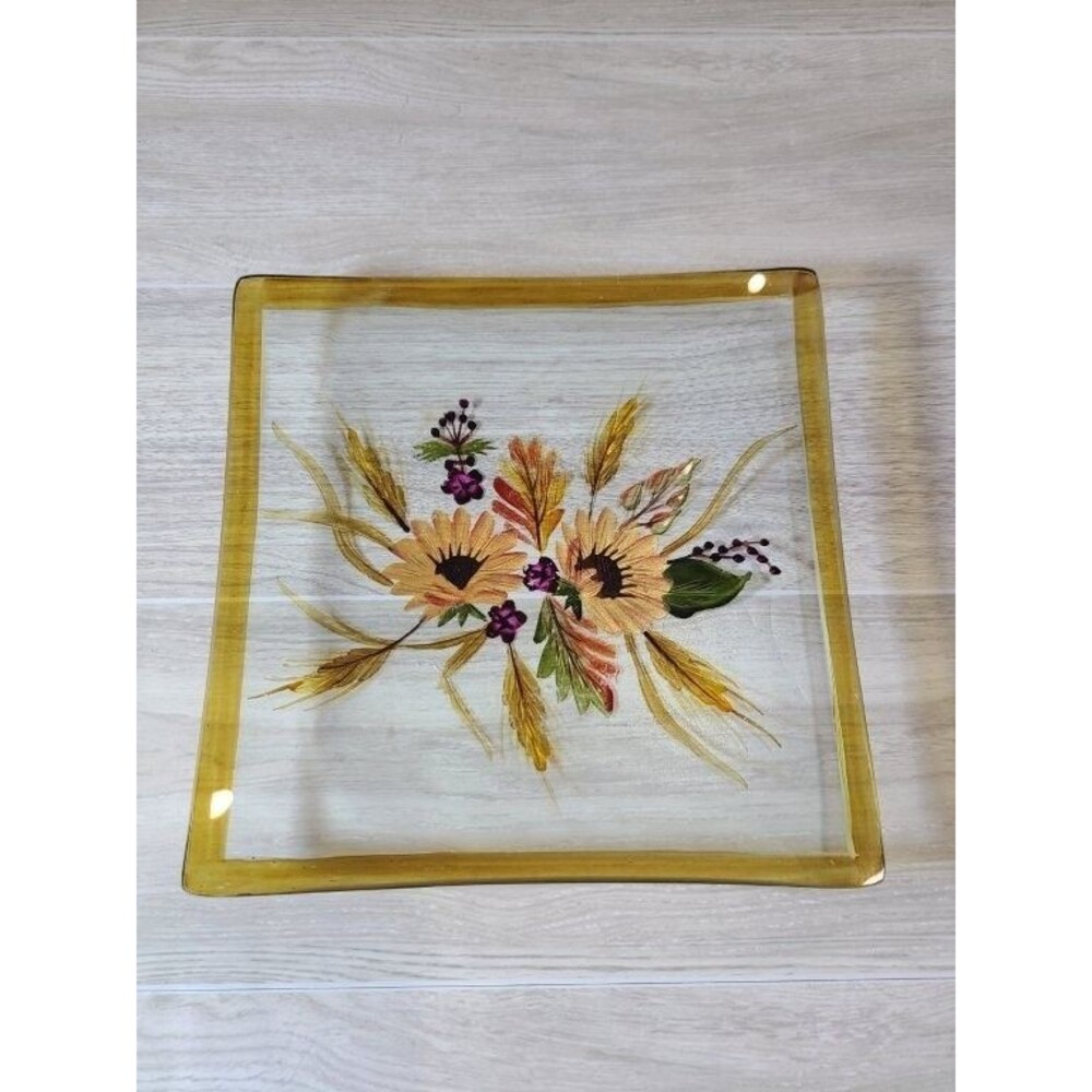 Vintage Hand Painted Sunflower Glass Plate 6" Floral Art Amber Border Farmhouse